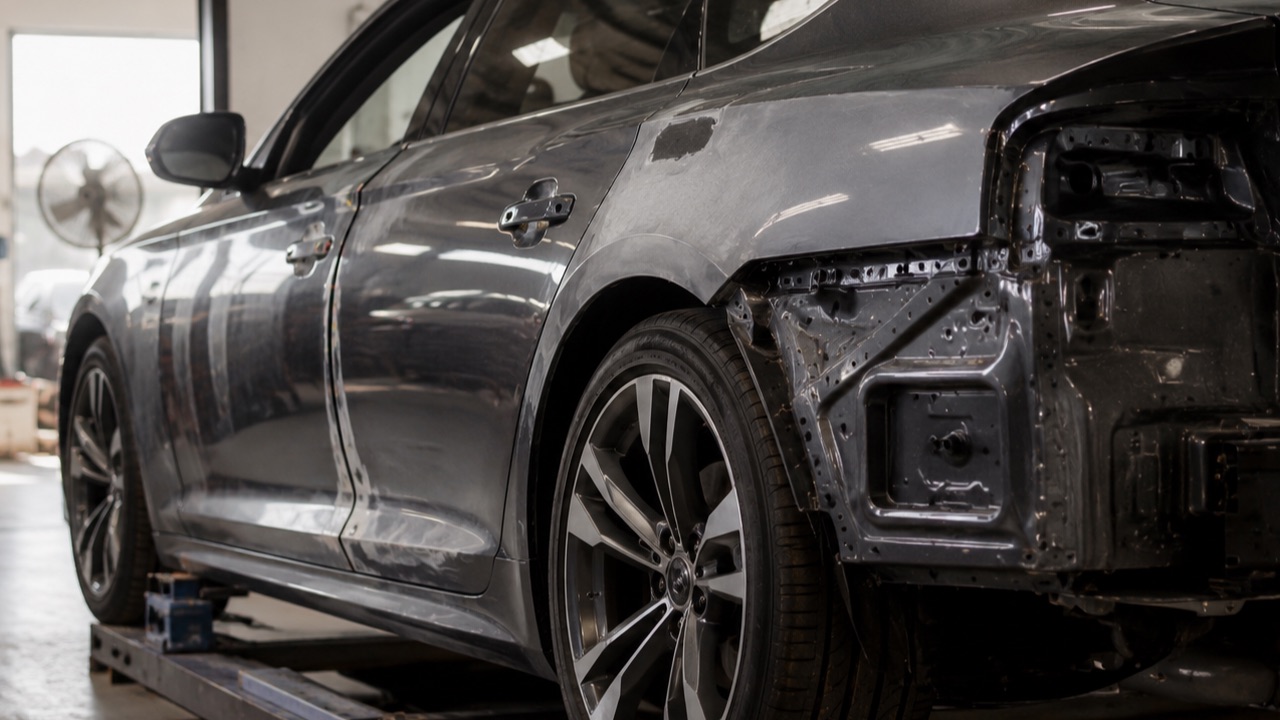 A car being repaired in the Andrew's Collision workshop